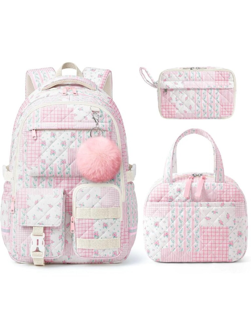 Floral Aesthetic Quilted Backpack Set with Insulated Tote & Storage Pouch - 3